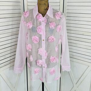 Anewsta Sheer Rosettes Detail Button Front Shirt Pink Small Long Sleeve Blouse